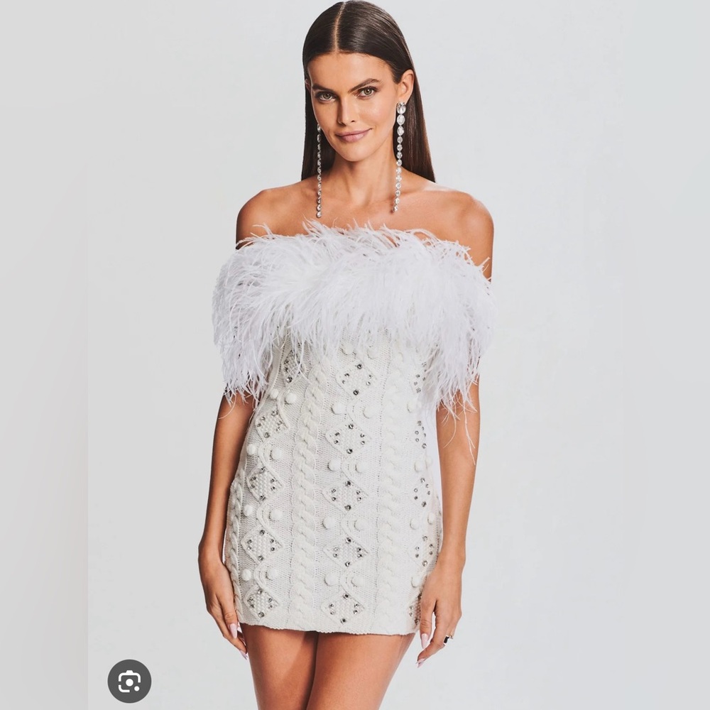 Retrofete White Feathered Off-Shoulder Mini Dress